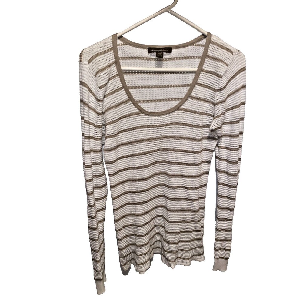 TOMMY BAHAMA Women’s Sweater Size Medium White Brown Stripes Long Sleve